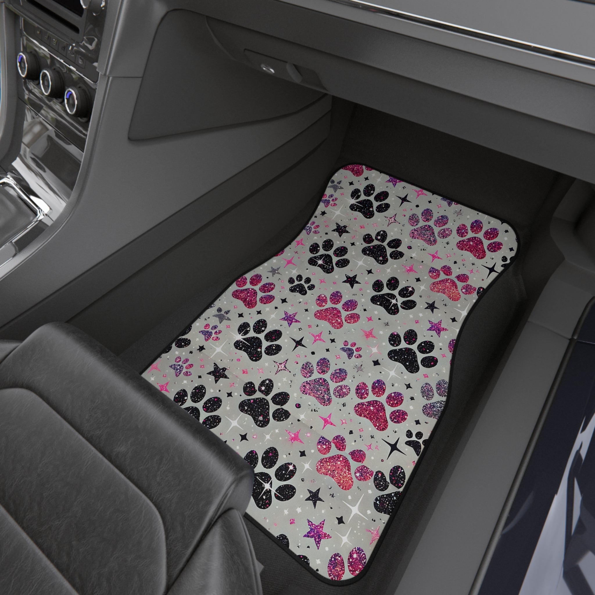 Paw Print Car Mats (Set of 4) — Pink & Black Glitter Paw Pattern