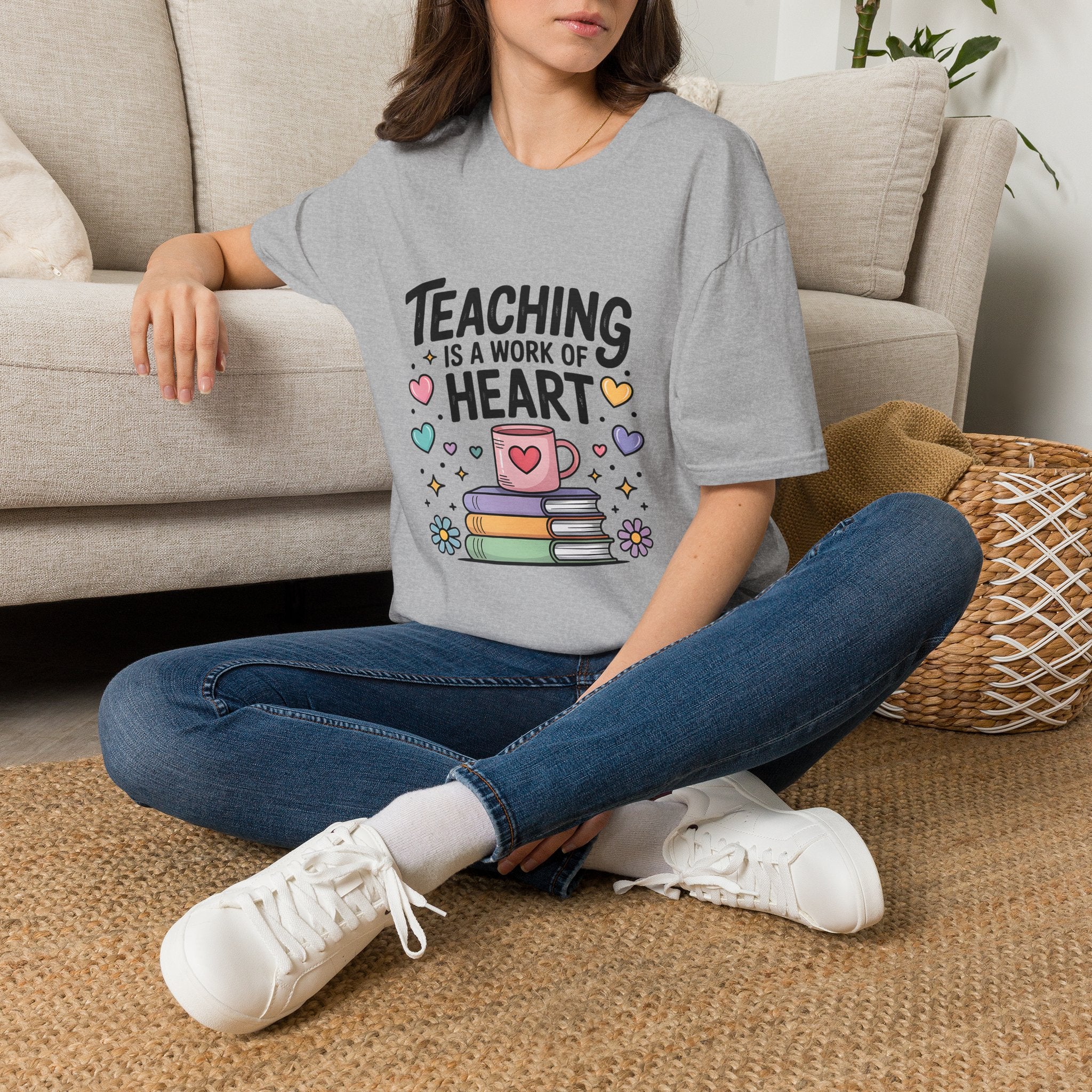 Teaching Is A Work Of Heart T-Shirt | Teacher Mug and Books Illustration