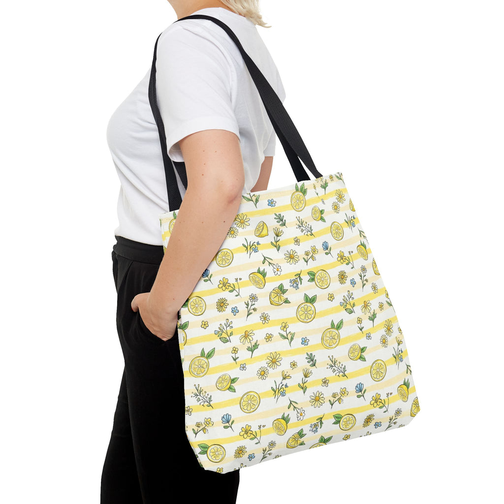 Lemon Stripe Pattern Tote Bag | Citrus Floral All-Over Print