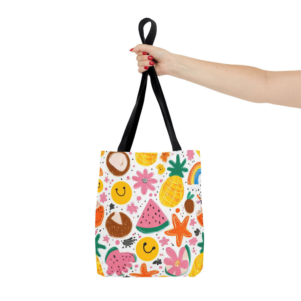 Tropical Fruit Pattern Tote Bag | Pineapple Watermelon Coconut Smiley