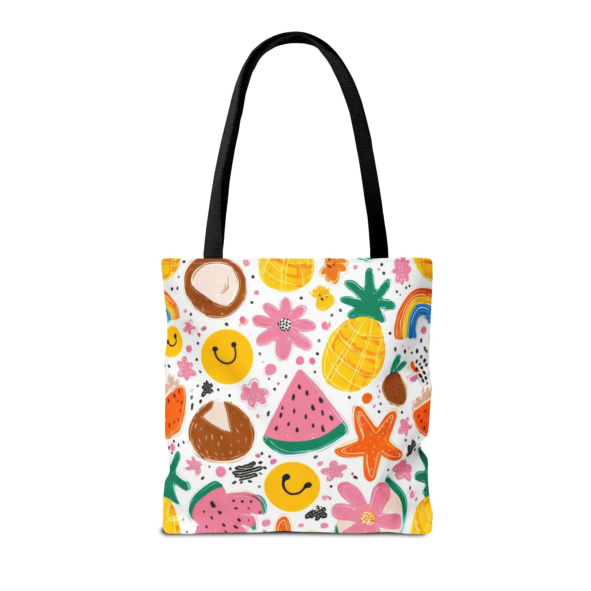 Tropical Fruit Pattern Tote Bag | Pineapple Watermelon Coconut Smiley