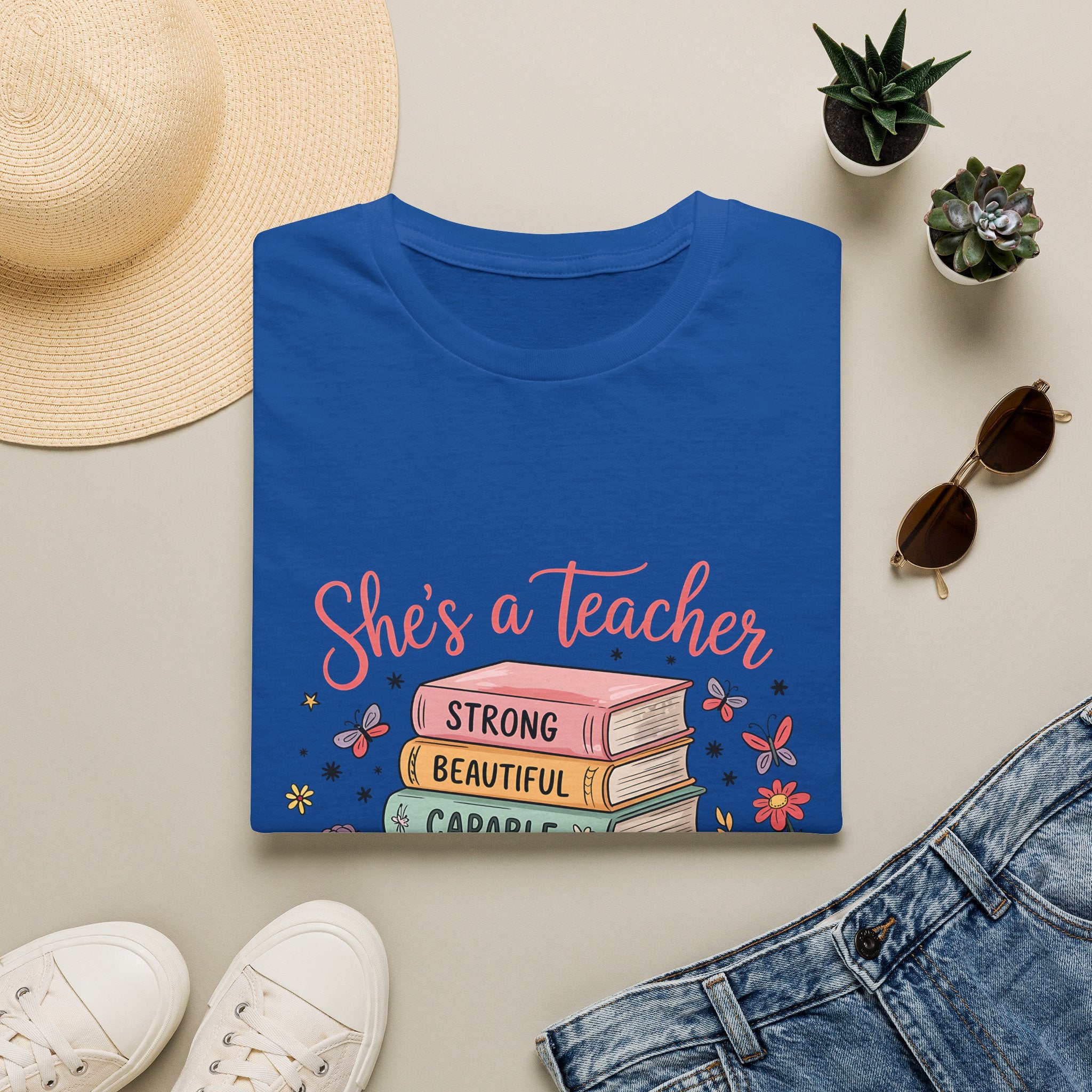She's a Teacher stack of books floral design T-Shirt | teacher appreciation, inspirational quote