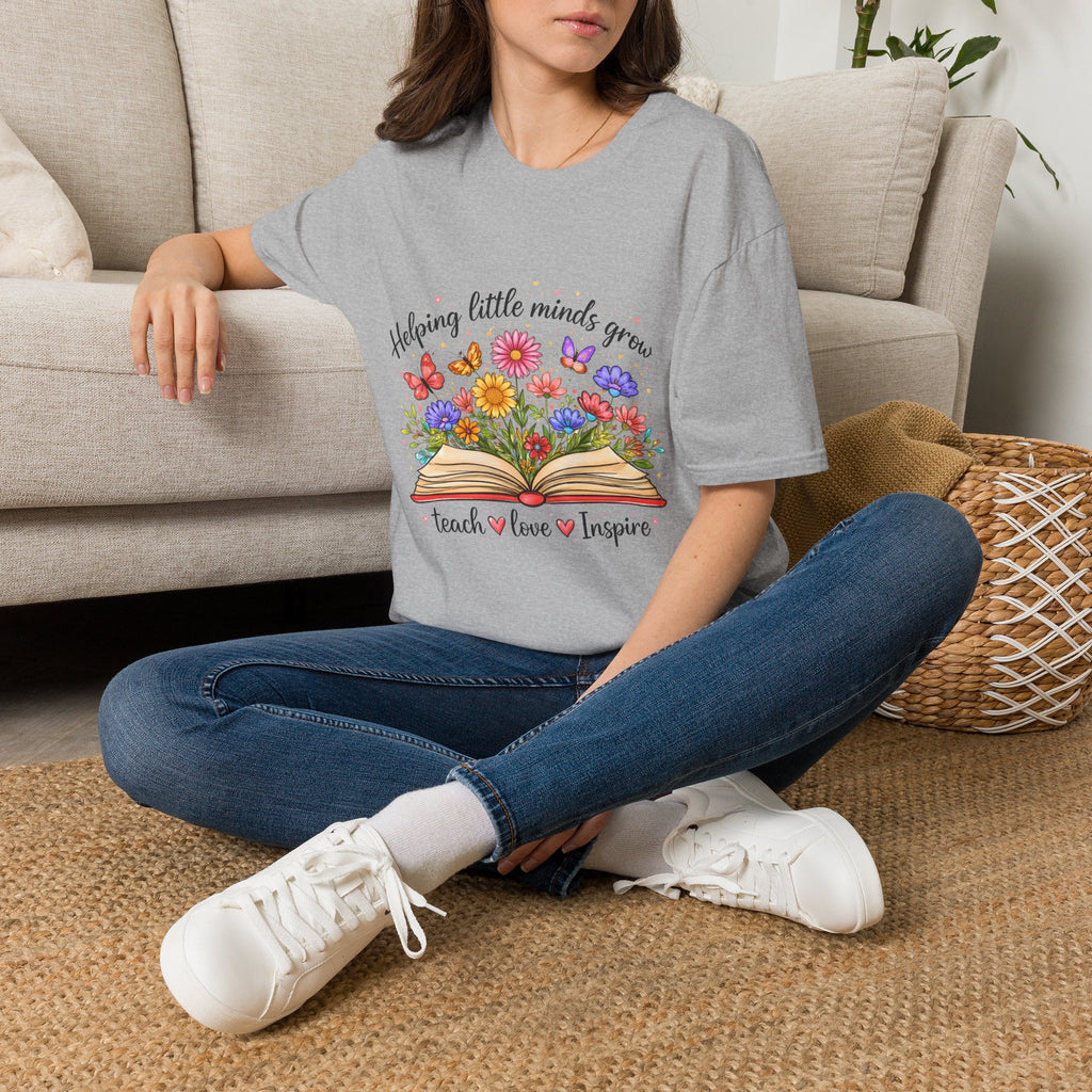 Helping Little Minds Grow T-Shirt | Teach Love Inspire, Floral Open Book Design