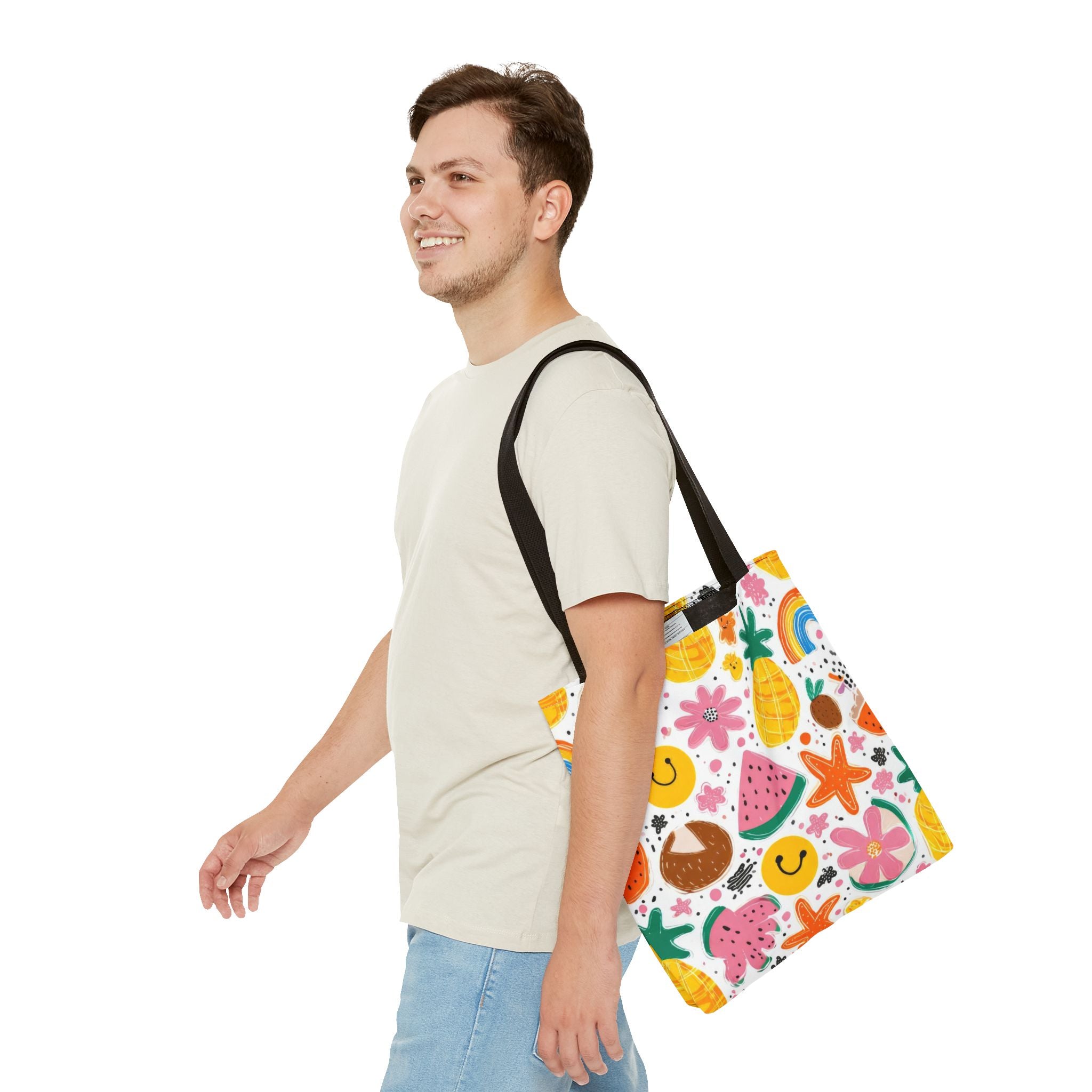 Tropical Fruit Pattern Tote Bag | Pineapple Watermelon Coconut Smiley