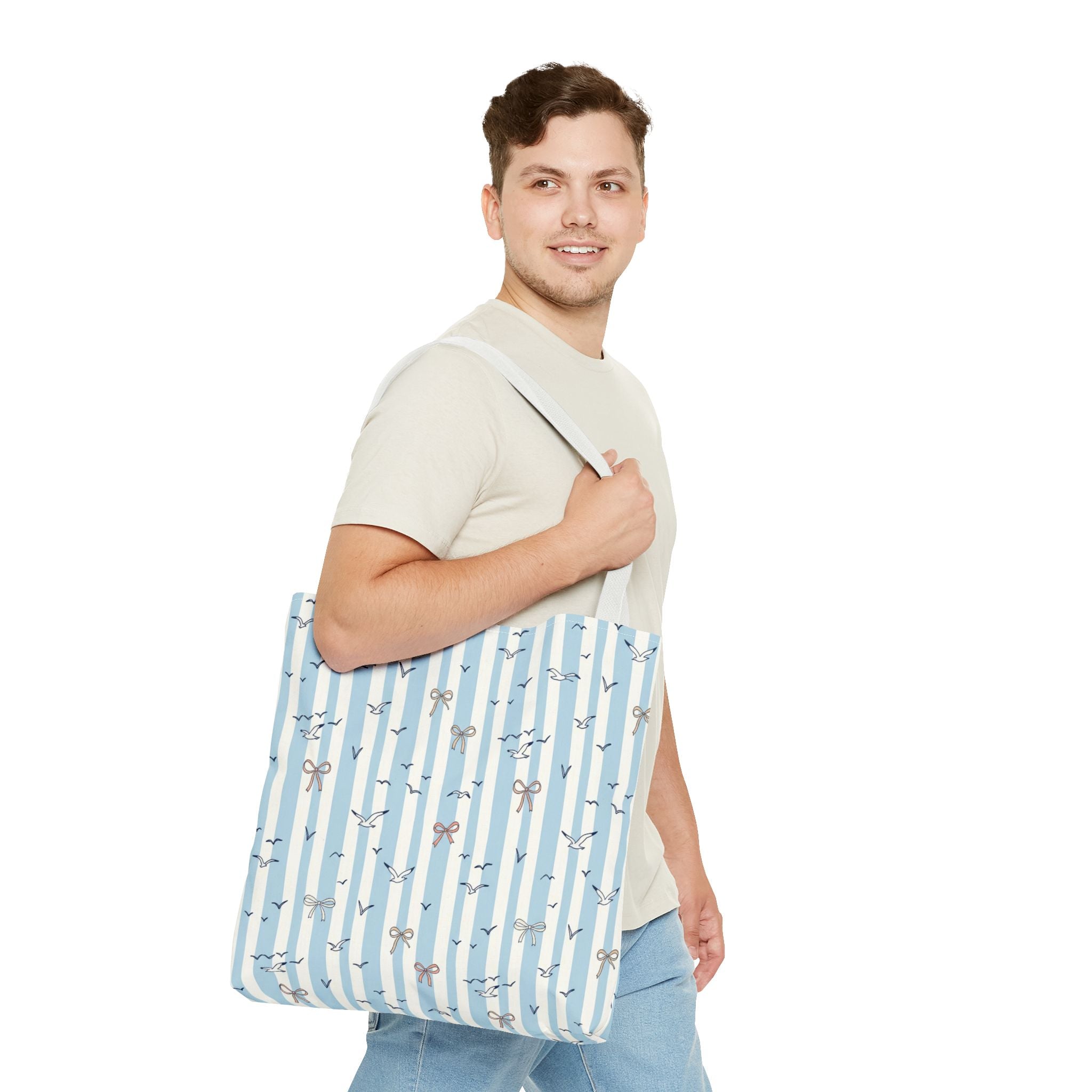 Blue Striped Bows and Birds Tote Bag