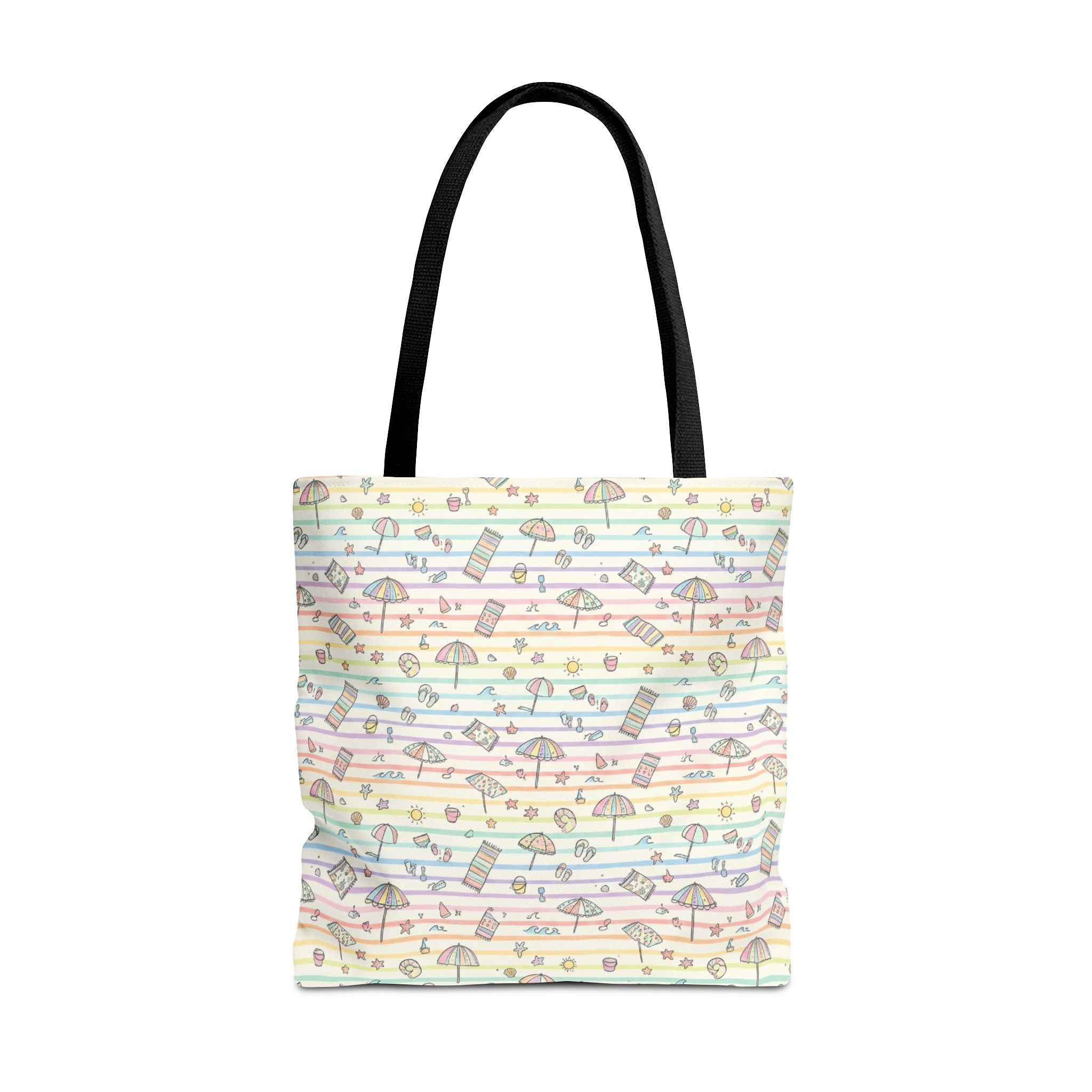 Pastel Beach Pattern Tote Bag | Seashells, Umbrellas, Flip Flops