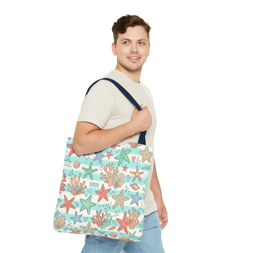 Starfish Coral Pattern Tote Bag | Beach Sea Life Striped Nautical Design