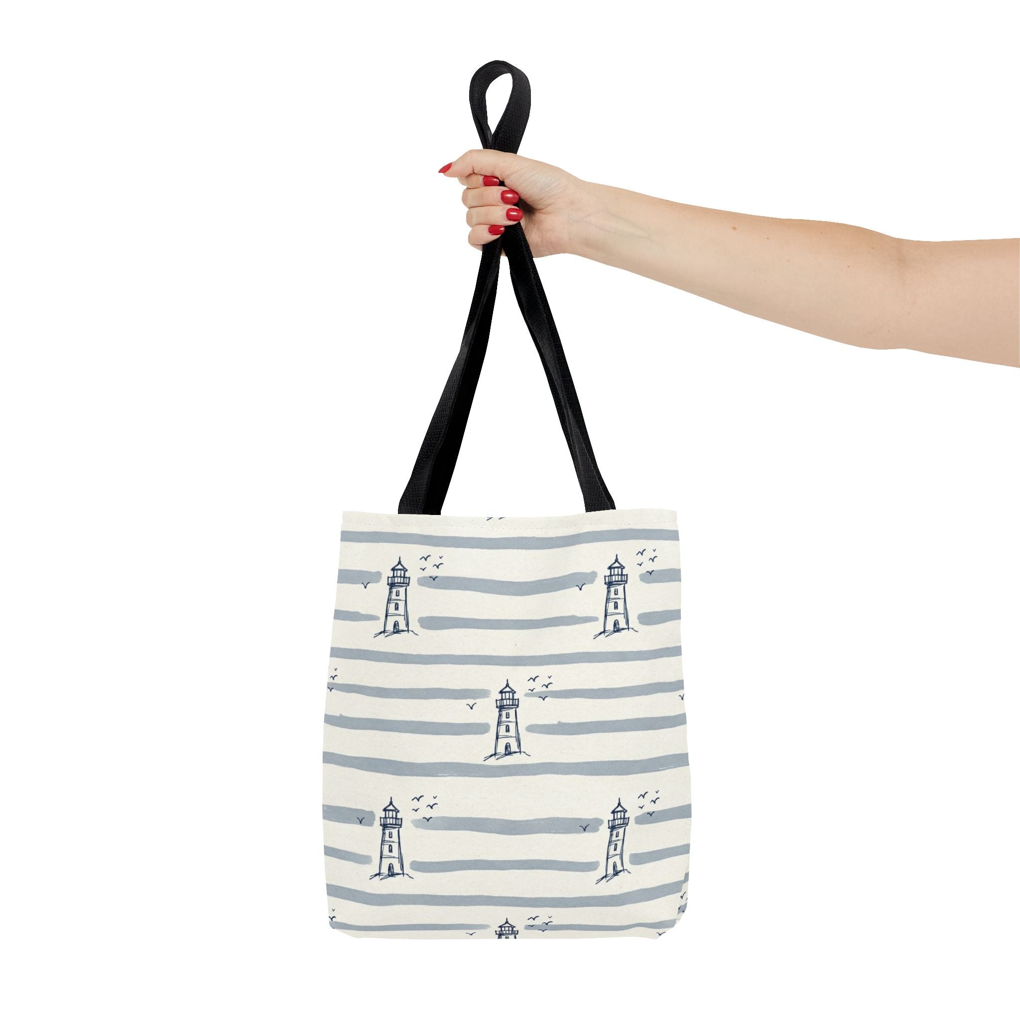 Nautical Lighthouse Pattern Tote Bag | Striped Coastal Beach Tote