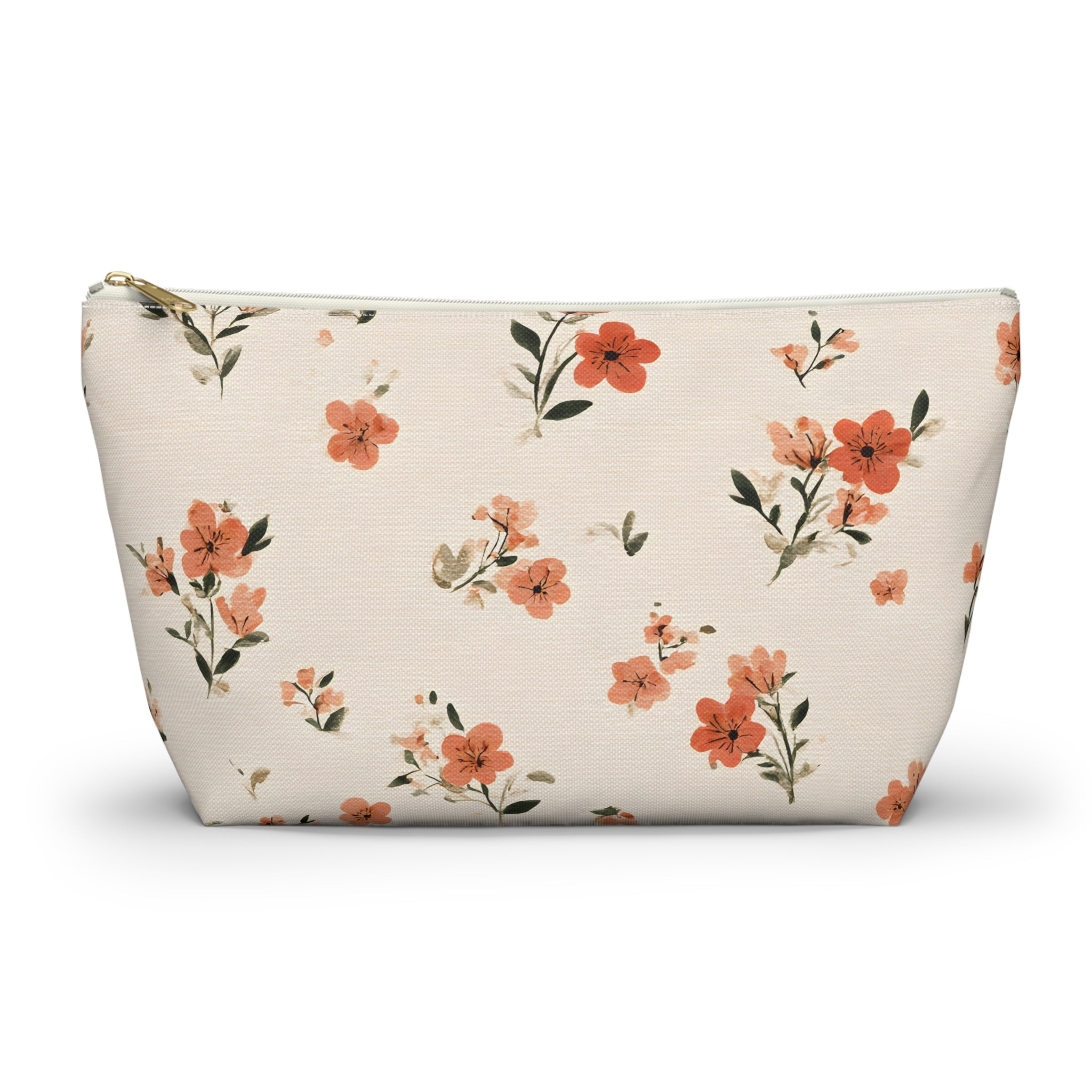 Peach Floral Print Accessory Pouch | T-Bottom Zipper Pouch