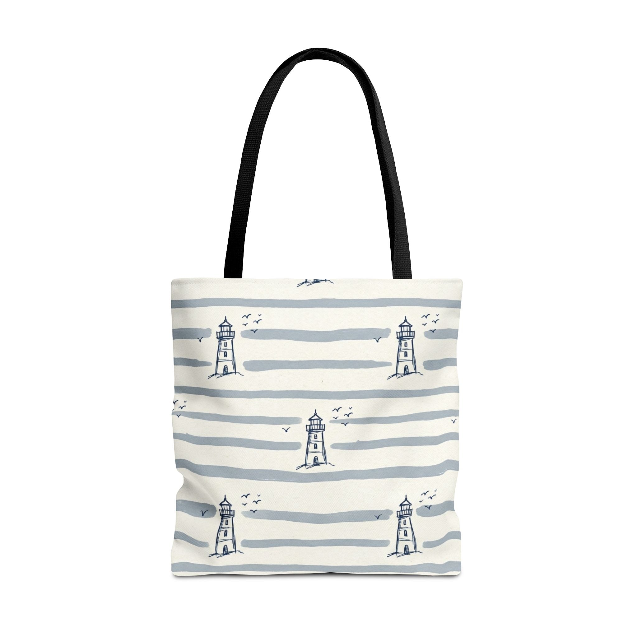 Nautical Lighthouse Pattern Tote Bag | Striped Coastal Beach Tote