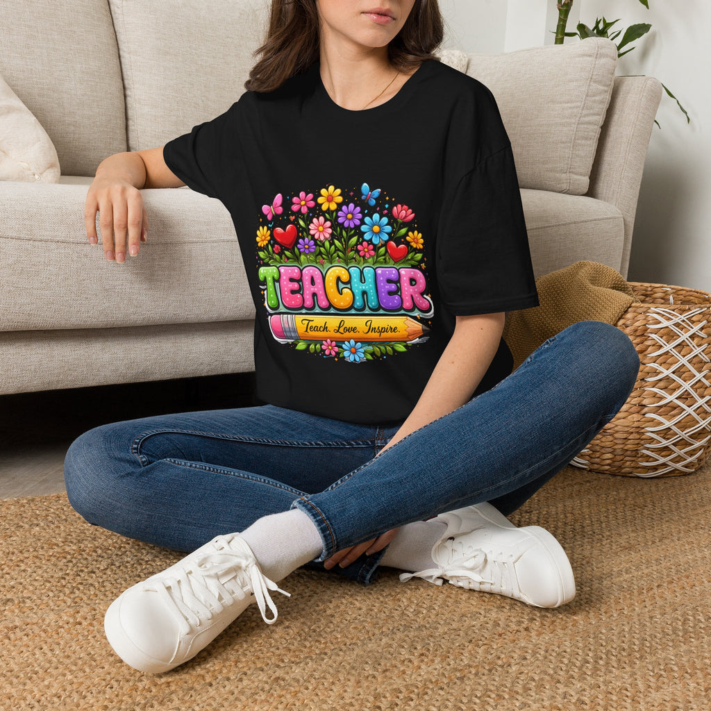 Teacher floral pencil design T-Shirt | Teach Love Inspire, colorful school shirt