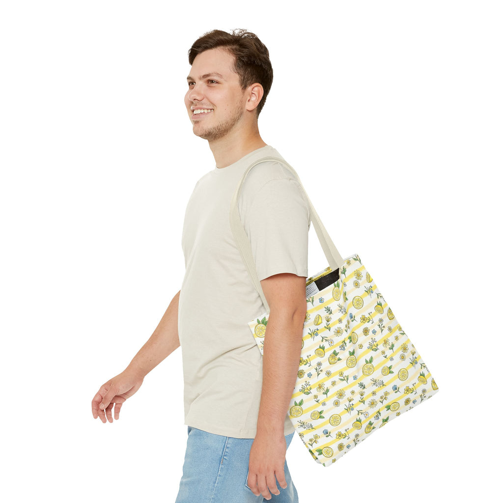 Lemon Stripe Pattern Tote Bag | Citrus Floral All-Over Print