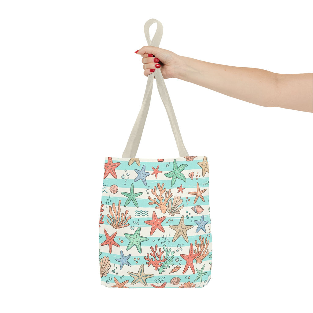 Starfish Coral Pattern Tote Bag | Beach Sea Life Striped Nautical Design