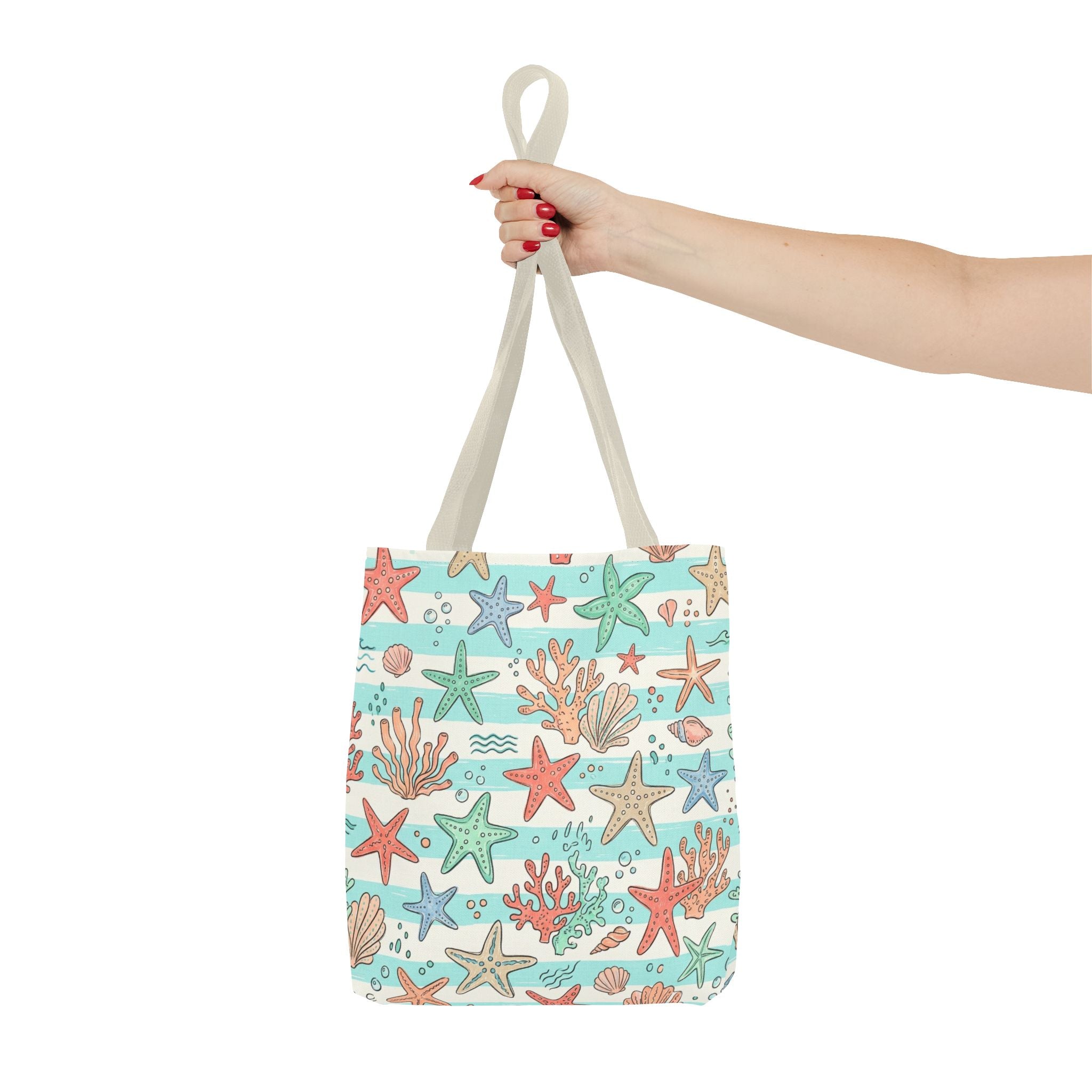 Starfish Coral Pattern Tote Bag | Beach Sea Life Striped Nautical Design