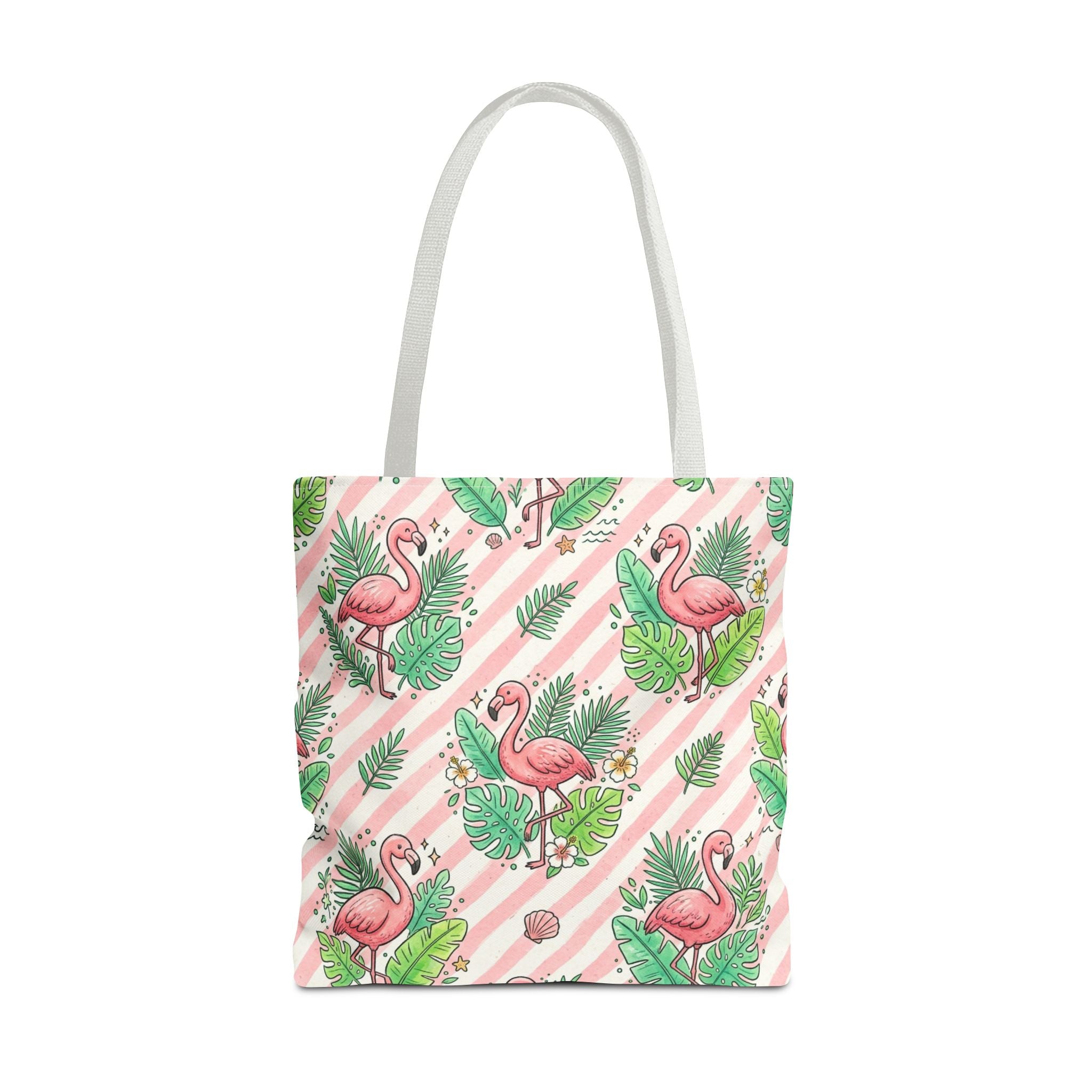 Pink Flamingo Pattern Tote Bag | Tropical Leaves Striped All-Over Print