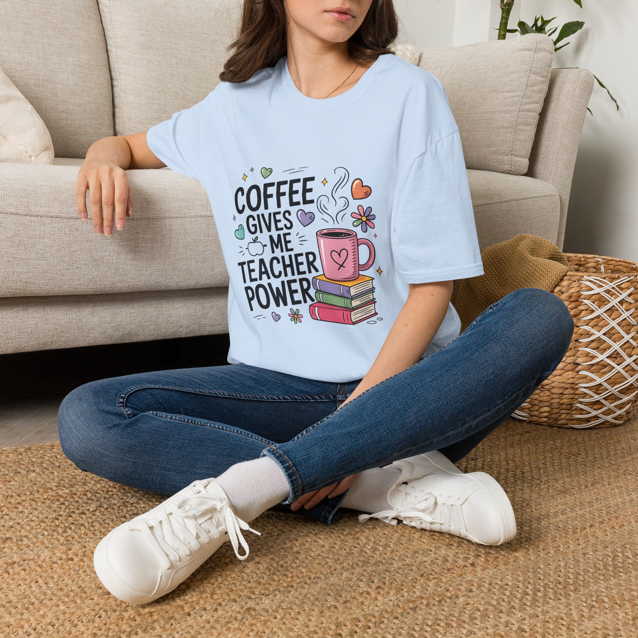 Coffee Gives Me Teacher Power T-Shirt | Teacher Coffee Mug Stack Design
