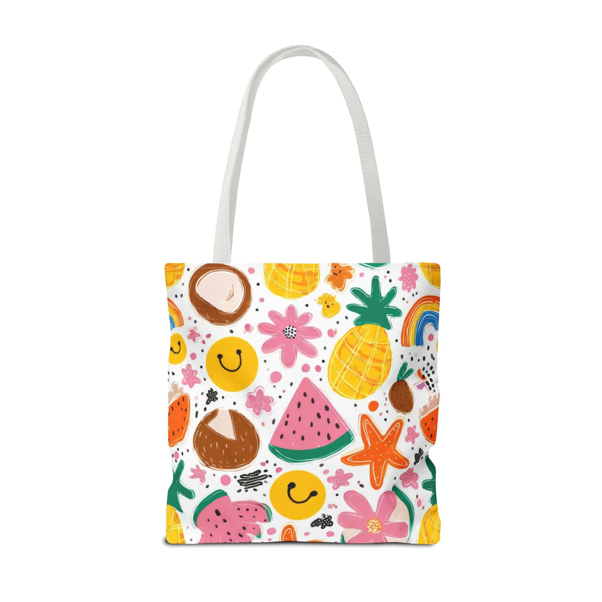 Tropical Fruit Pattern Tote Bag | Pineapple Watermelon Coconut Smiley