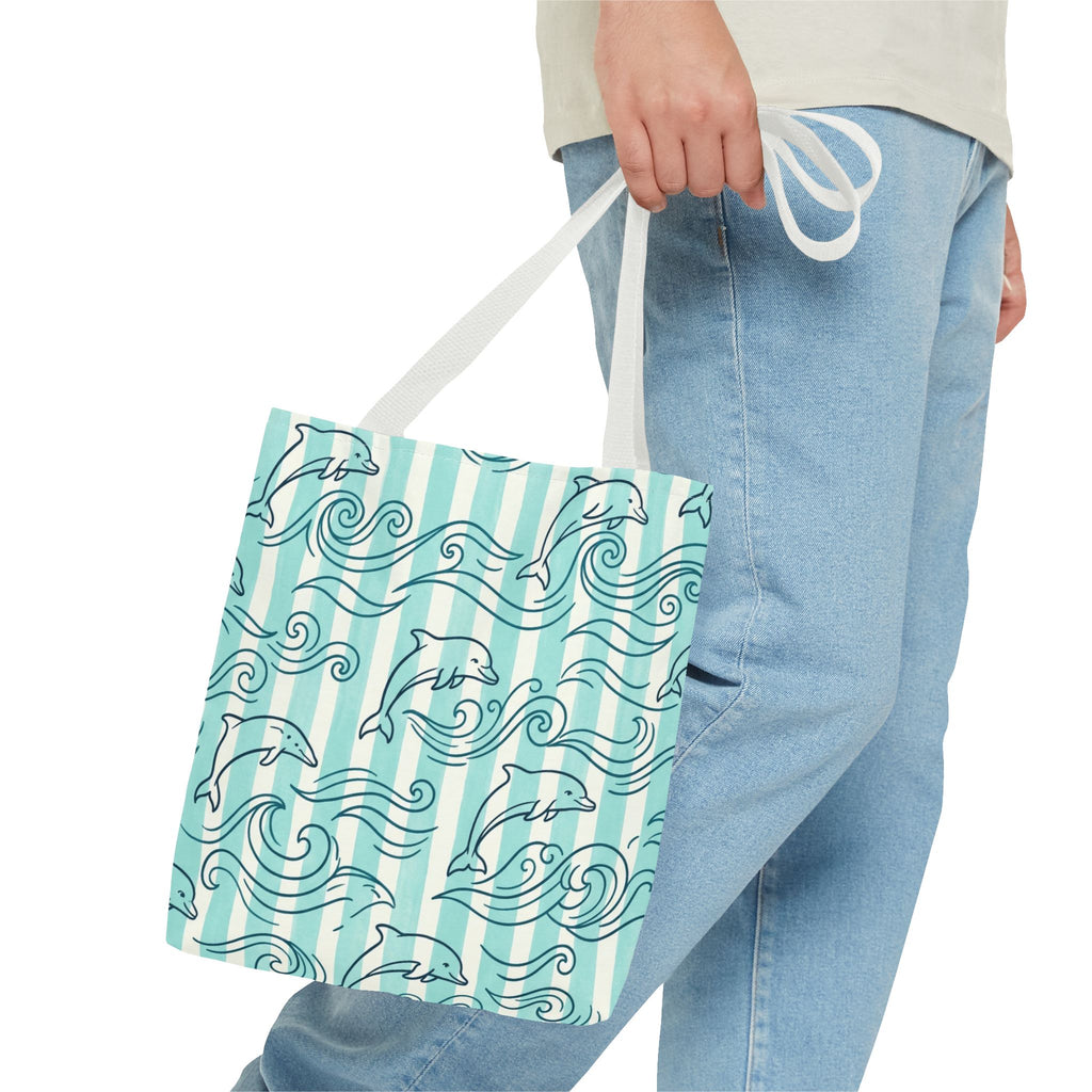 Dolphin Wave Pattern Tote Bag | Aqua Striped Ocean Design