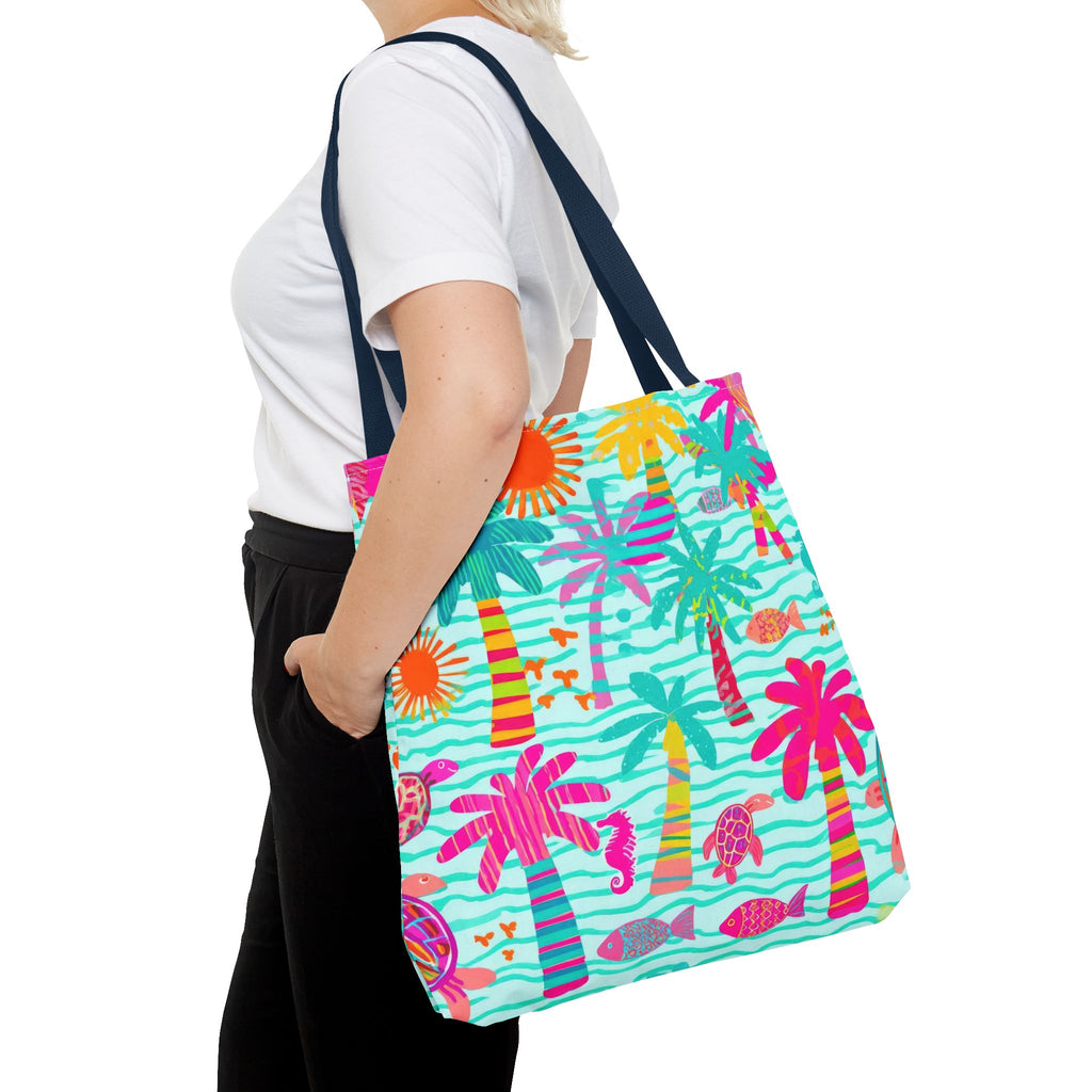 Tropical Palm Pattern Tote Bag | Colorful Beach Palms Stripe All-Over Print