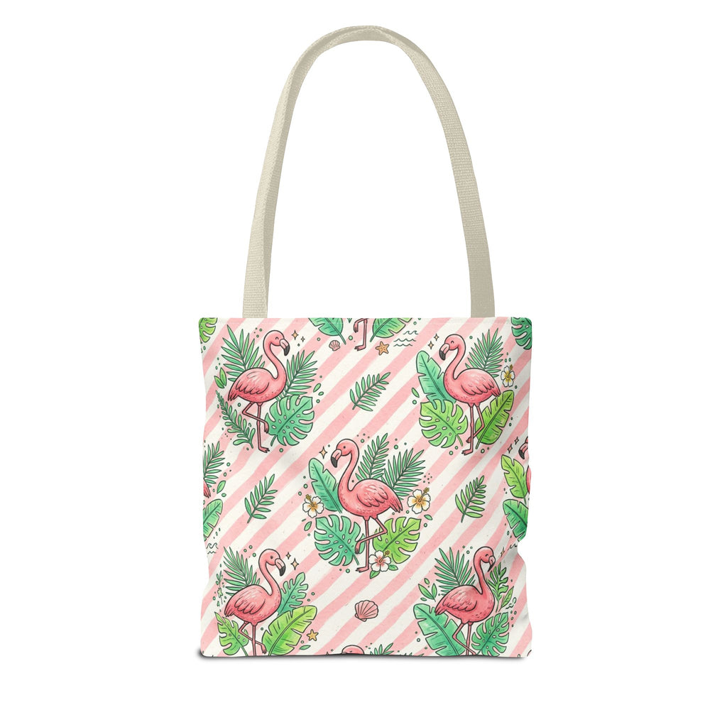 Pink Flamingo Pattern Tote Bag | Tropical Leaves Striped All-Over Print