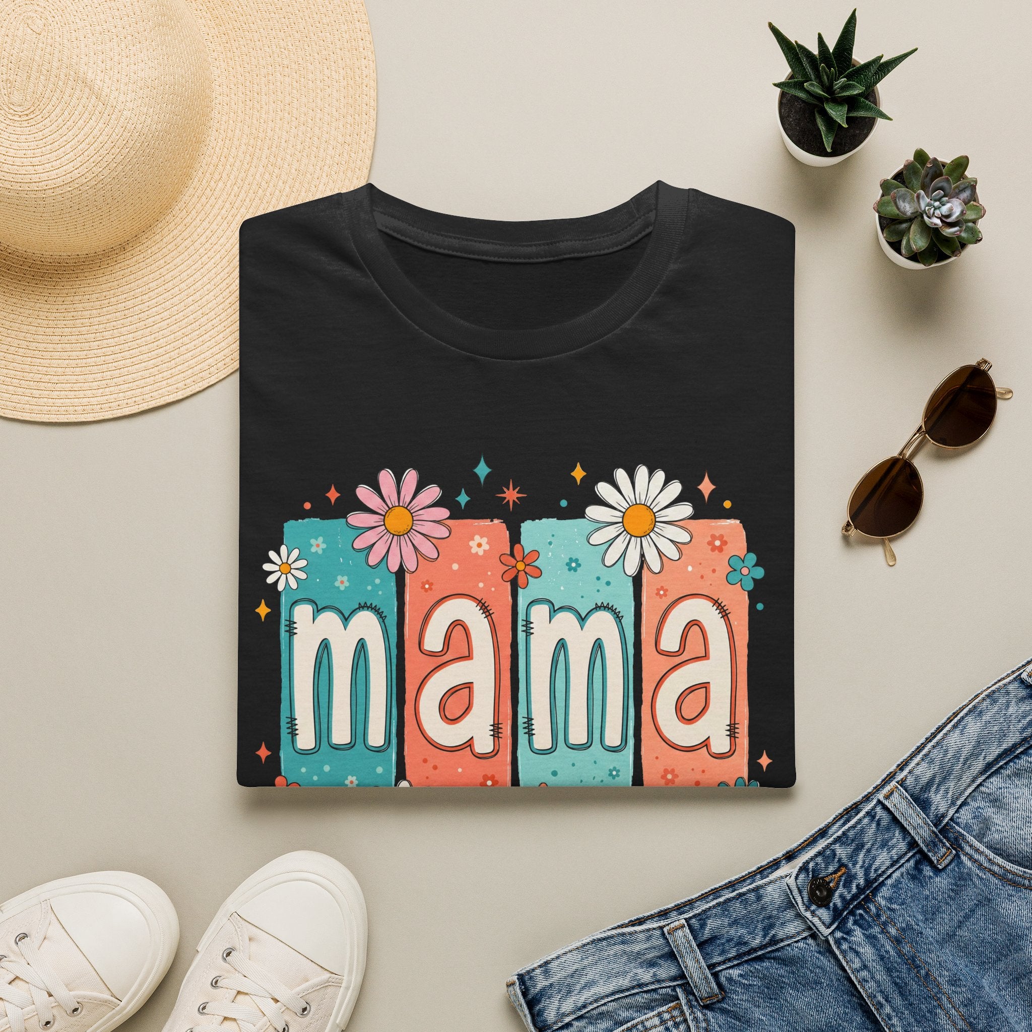 Mama floral retro blocks T-Shirt | daisy mom design