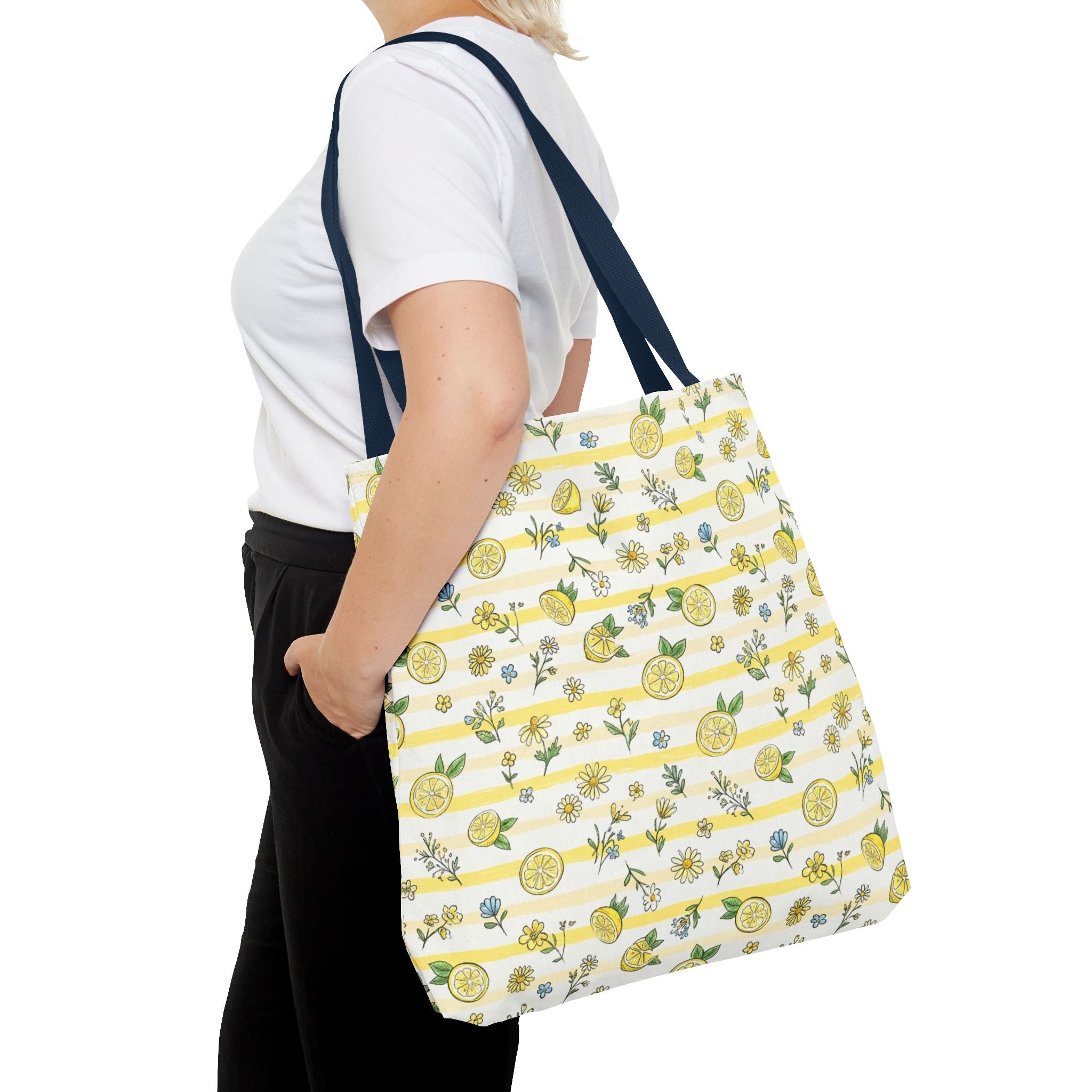Lemon Stripe Pattern Tote Bag | Citrus Floral All-Over Print