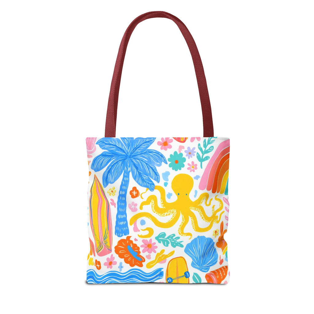 Colorful Beach Octopus Tote Bag | Tropical Palm, Surfboard, Rainbow Print