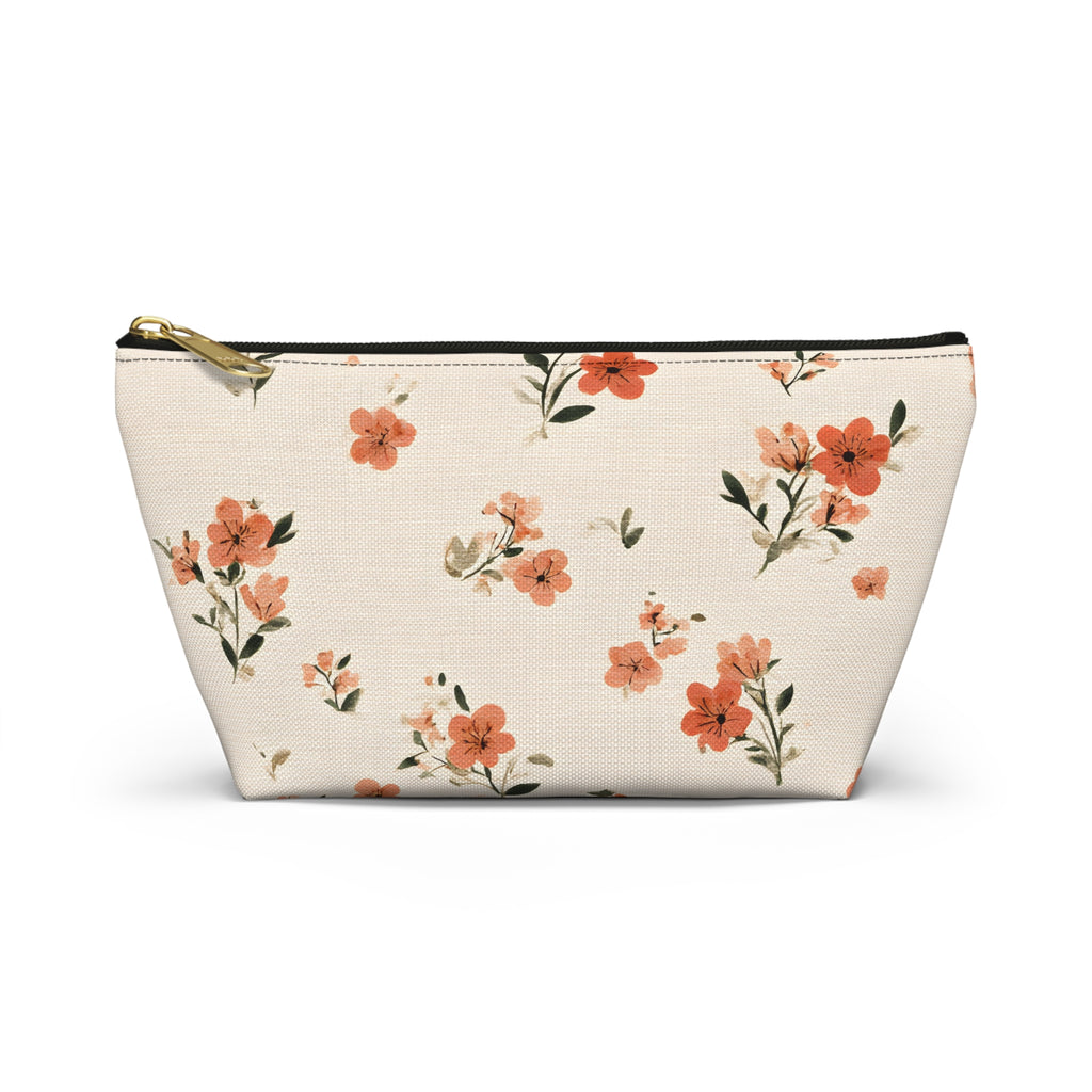 Peach Floral Print Accessory Pouch | T-Bottom Zipper Pouch
