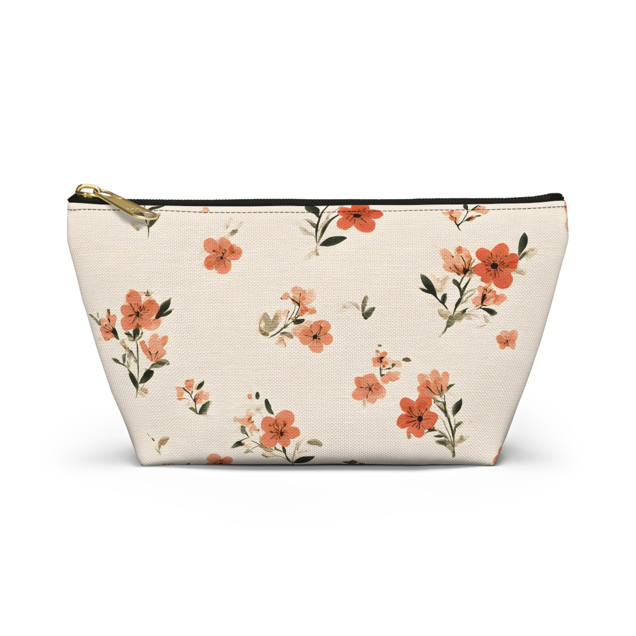 Peach Floral Print Accessory Pouch | T-Bottom Zipper Pouch