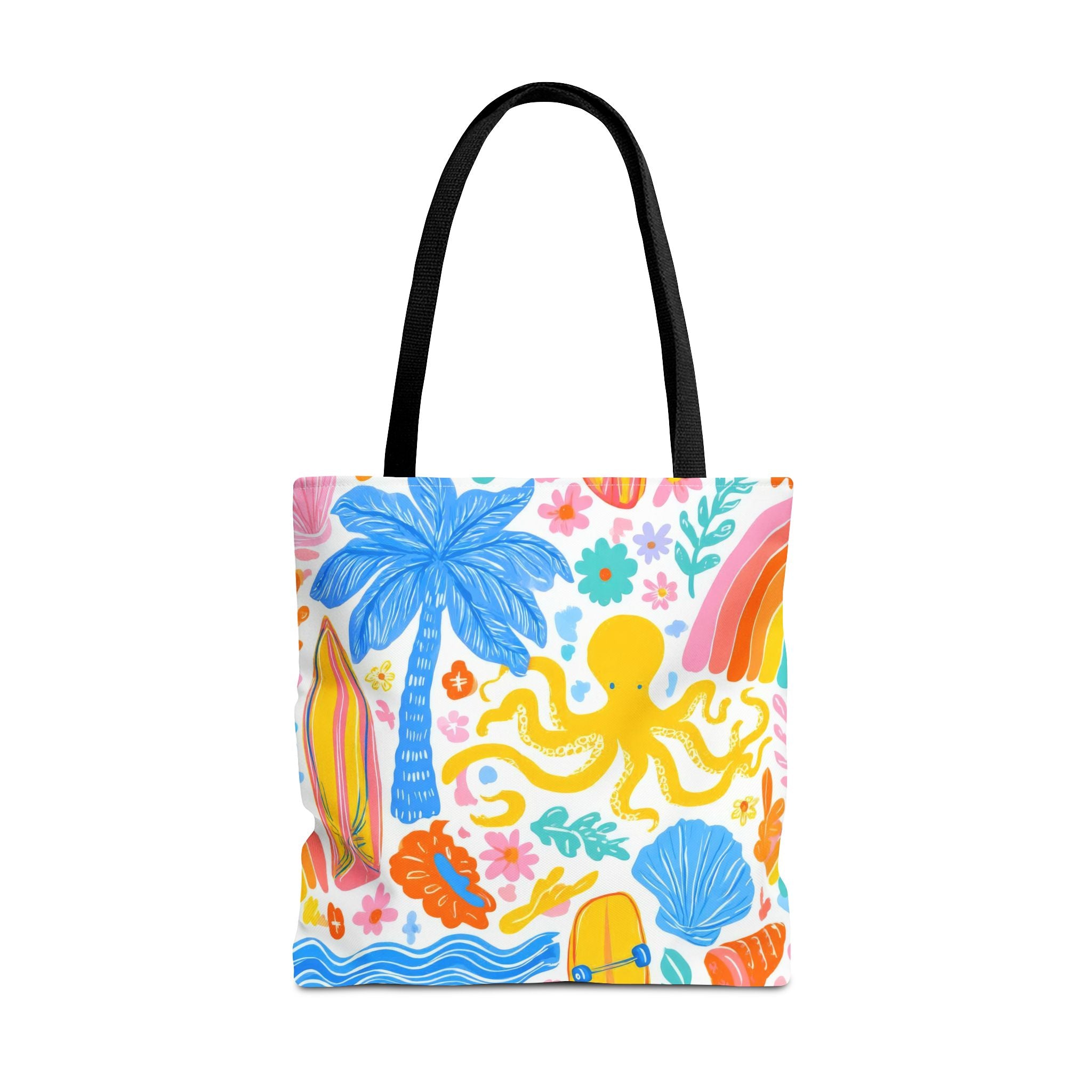 Colorful Beach Octopus Tote Bag | Tropical Palm, Surfboard, Rainbow Print