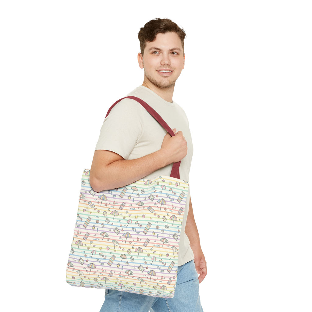 Pastel Beach Pattern Tote Bag | Seashells, Umbrellas, Flip Flops