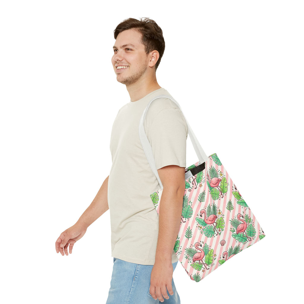 Pink Flamingo Pattern Tote Bag | Tropical Leaves Striped All-Over Print