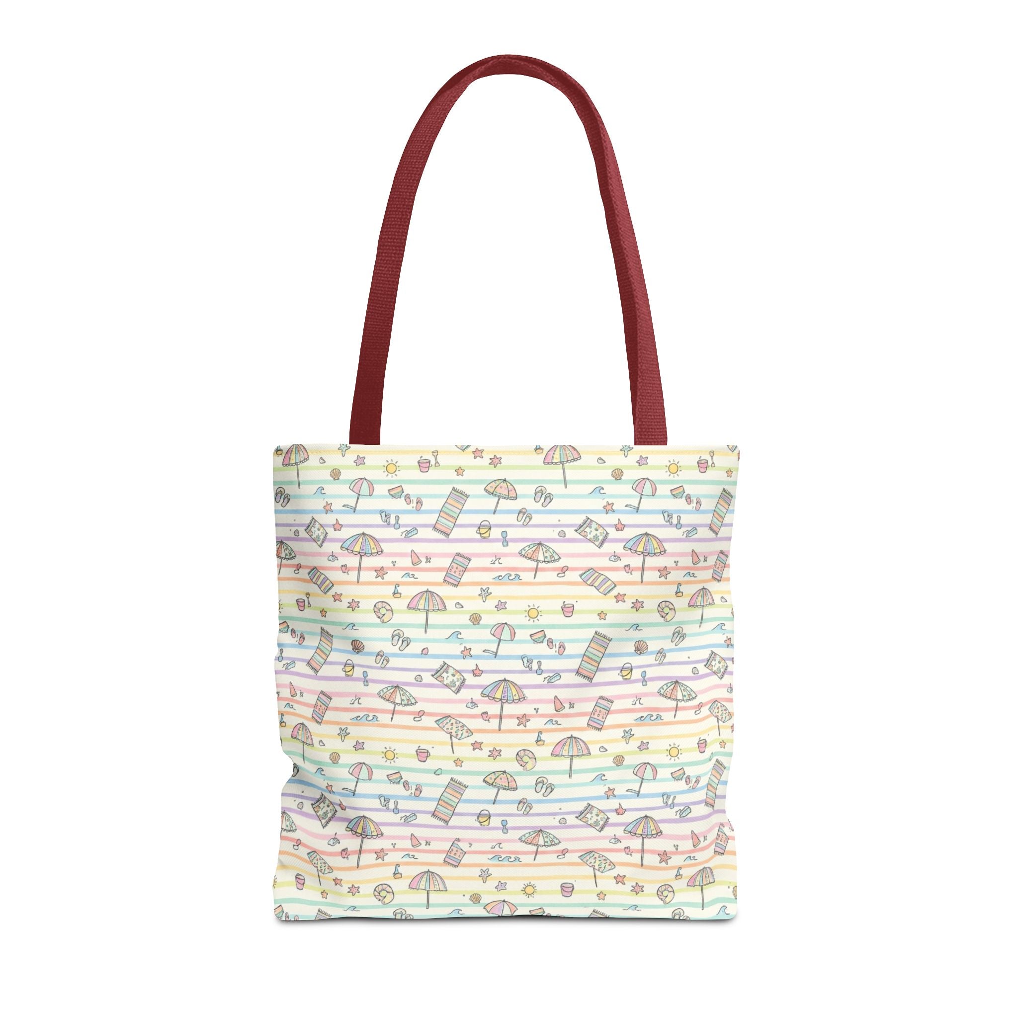 Pastel Beach Pattern Tote Bag | Seashells, Umbrellas, Flip Flops
