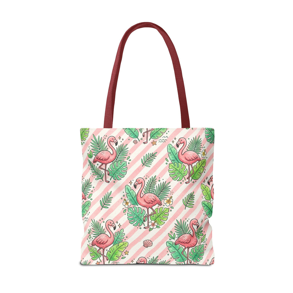 Pink Flamingo Pattern Tote Bag | Tropical Leaves Striped All-Over Print