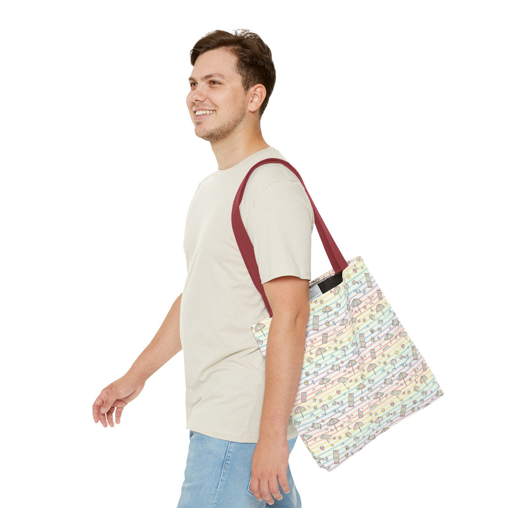 Pastel Beach Pattern Tote Bag | Seashells, Umbrellas, Flip Flops