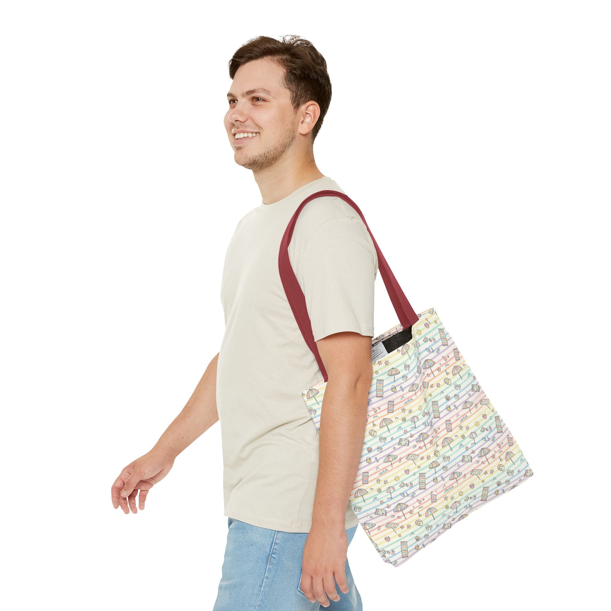 Pastel Beach Pattern Tote Bag | Seashells, Umbrellas, Flip Flops