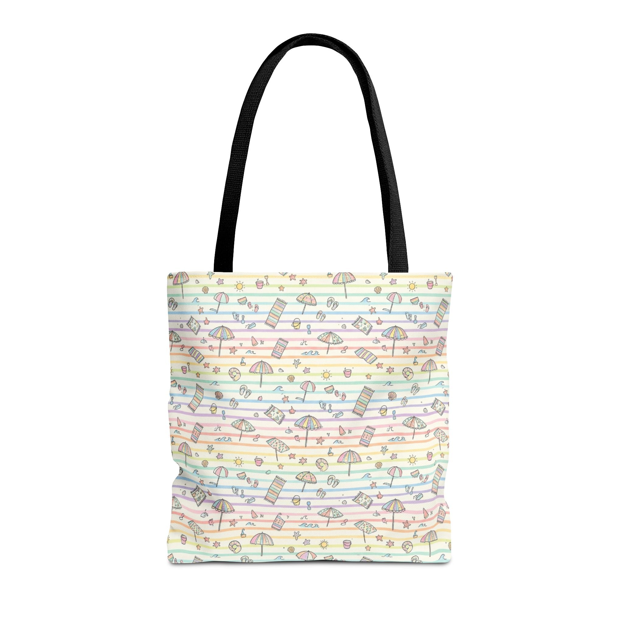 Pastel Beach Pattern Tote Bag | Seashells, Umbrellas, Flip Flops