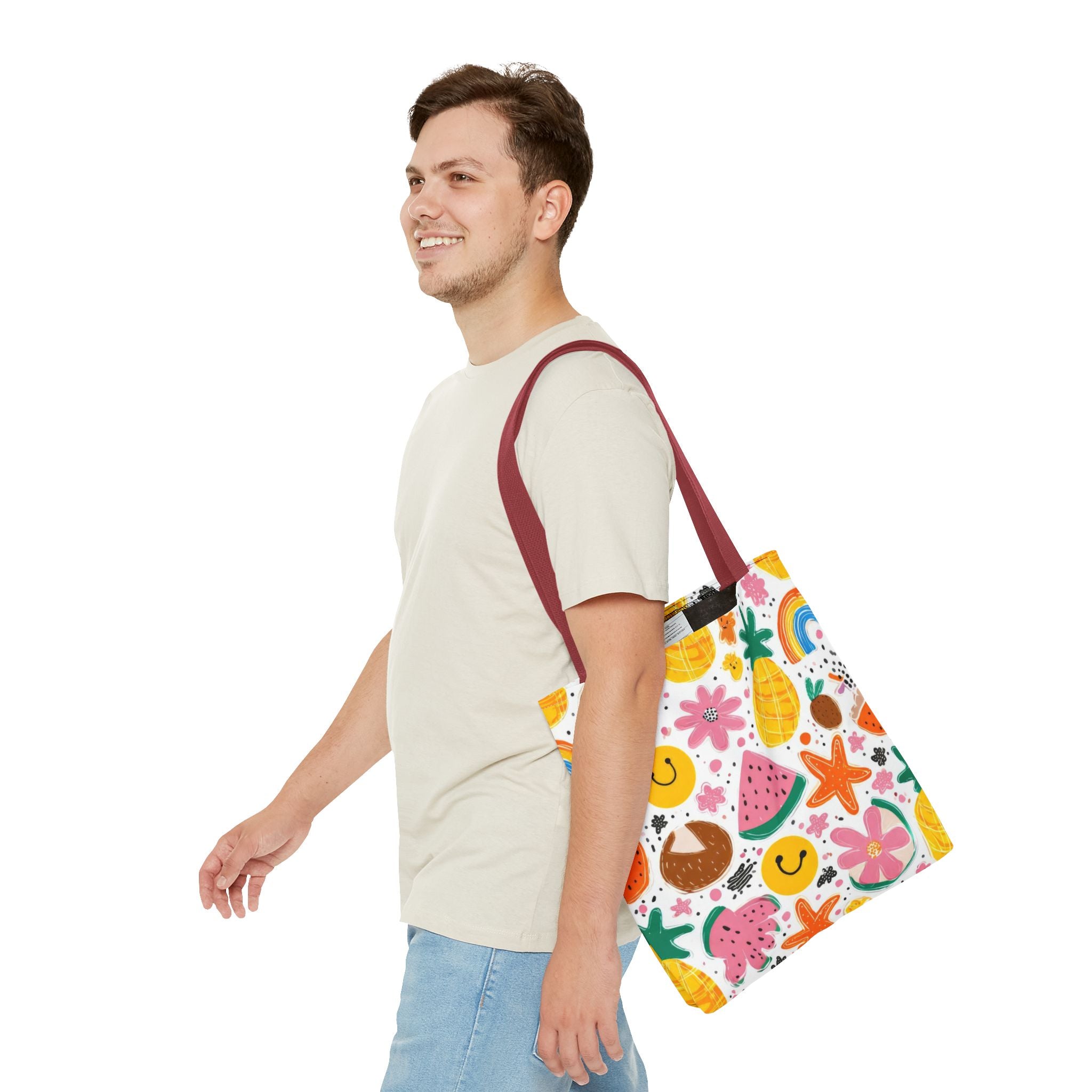 Tropical Fruit Pattern Tote Bag | Pineapple Watermelon Coconut Smiley