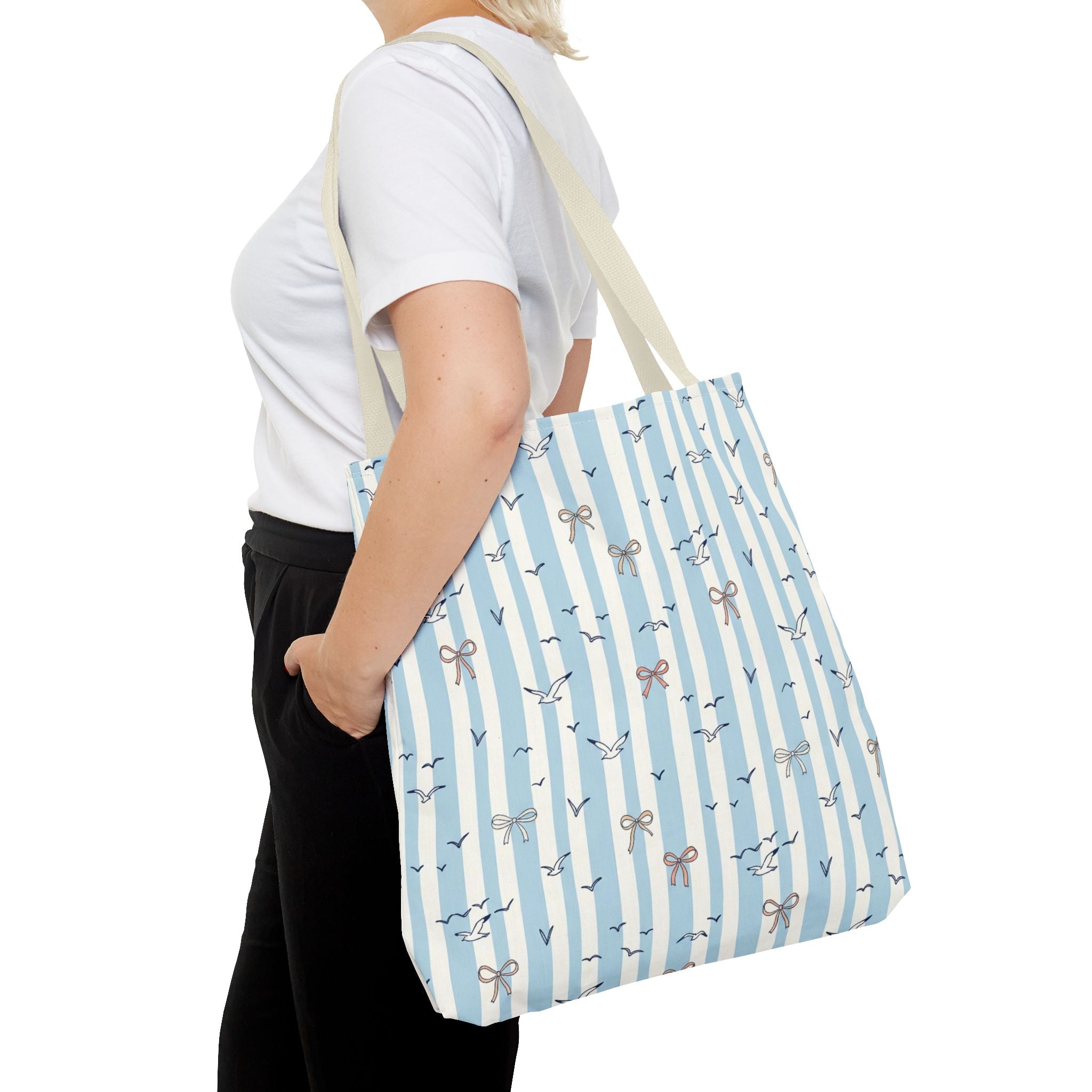 Blue Striped Bows and Birds Tote Bag