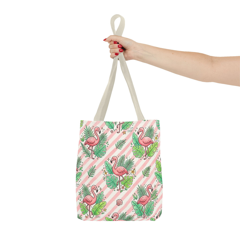 Pink Flamingo Pattern Tote Bag | Tropical Leaves Striped All-Over Print
