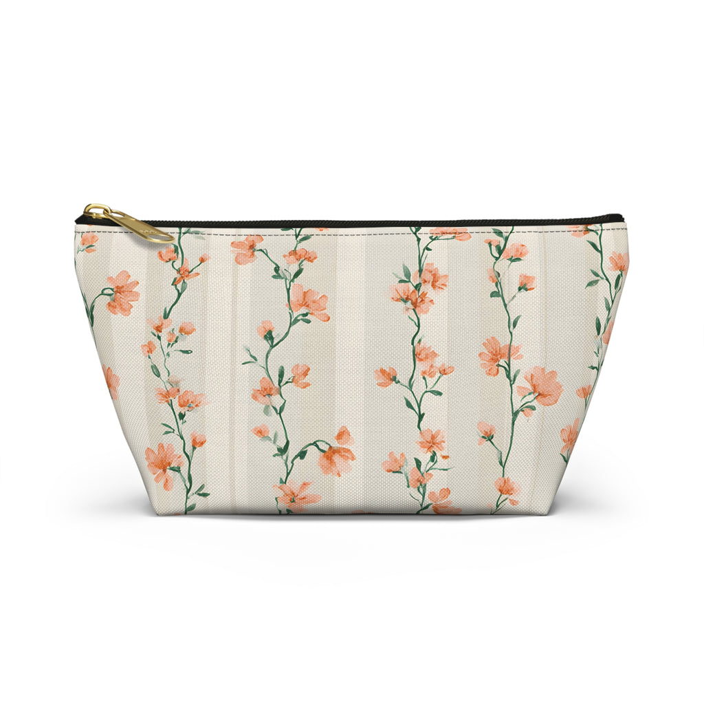 Peach Floral Vines Accessory Pouch | T-Bottom Makeup Bag