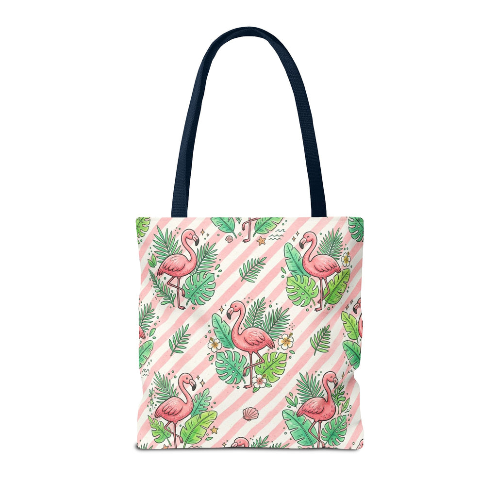 Pink Flamingo Pattern Tote Bag | Tropical Leaves Striped All-Over Print