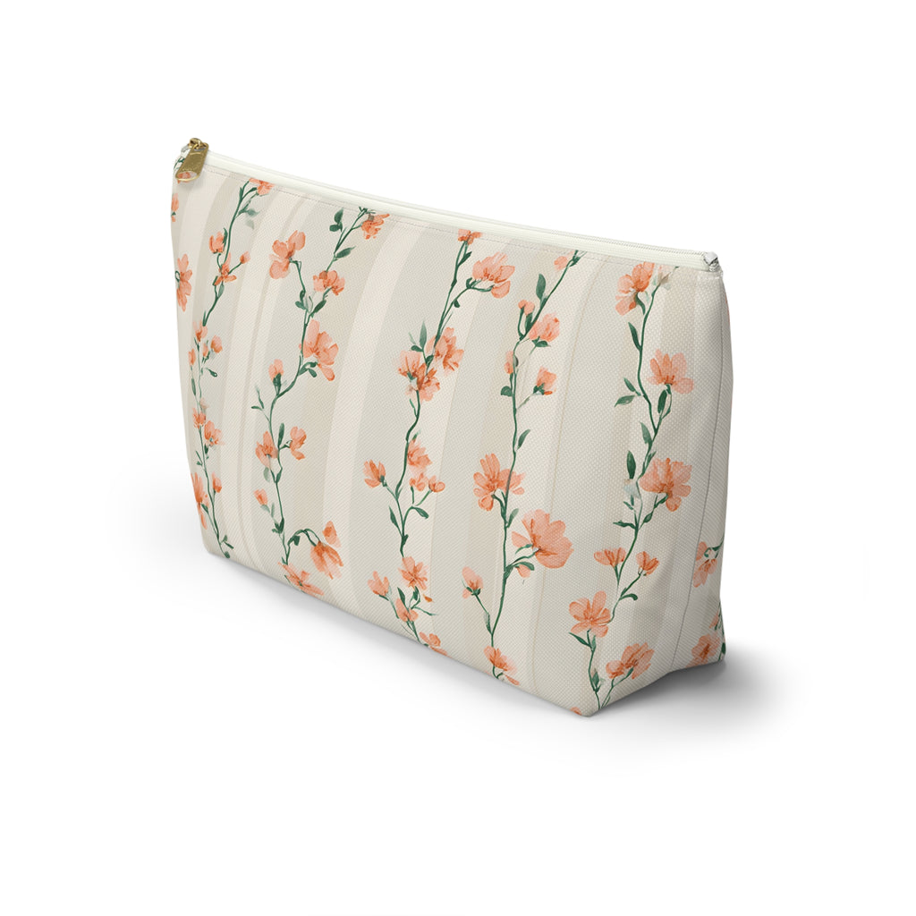 Peach Floral Vines Accessory Pouch | T-Bottom Makeup Bag