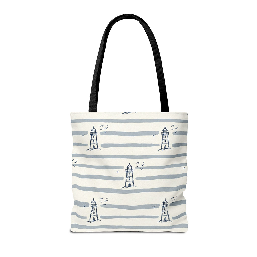 Nautical Lighthouse Pattern Tote Bag | Striped Coastal Beach Tote