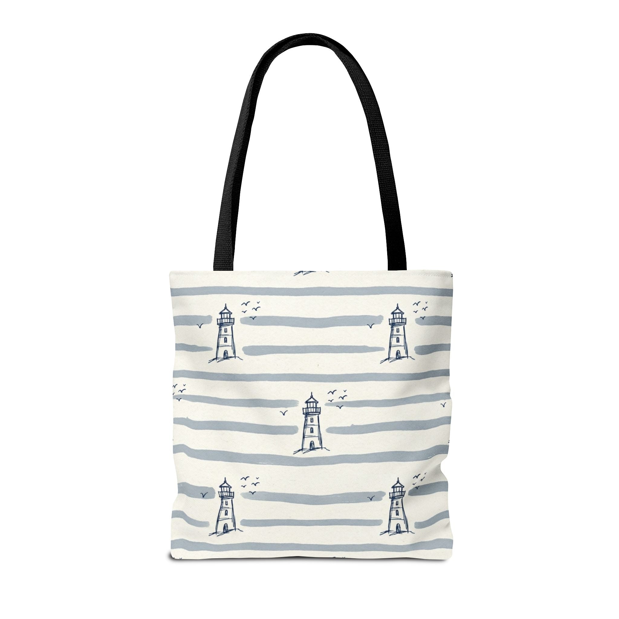 Nautical Lighthouse Pattern Tote Bag | Striped Coastal Beach Tote