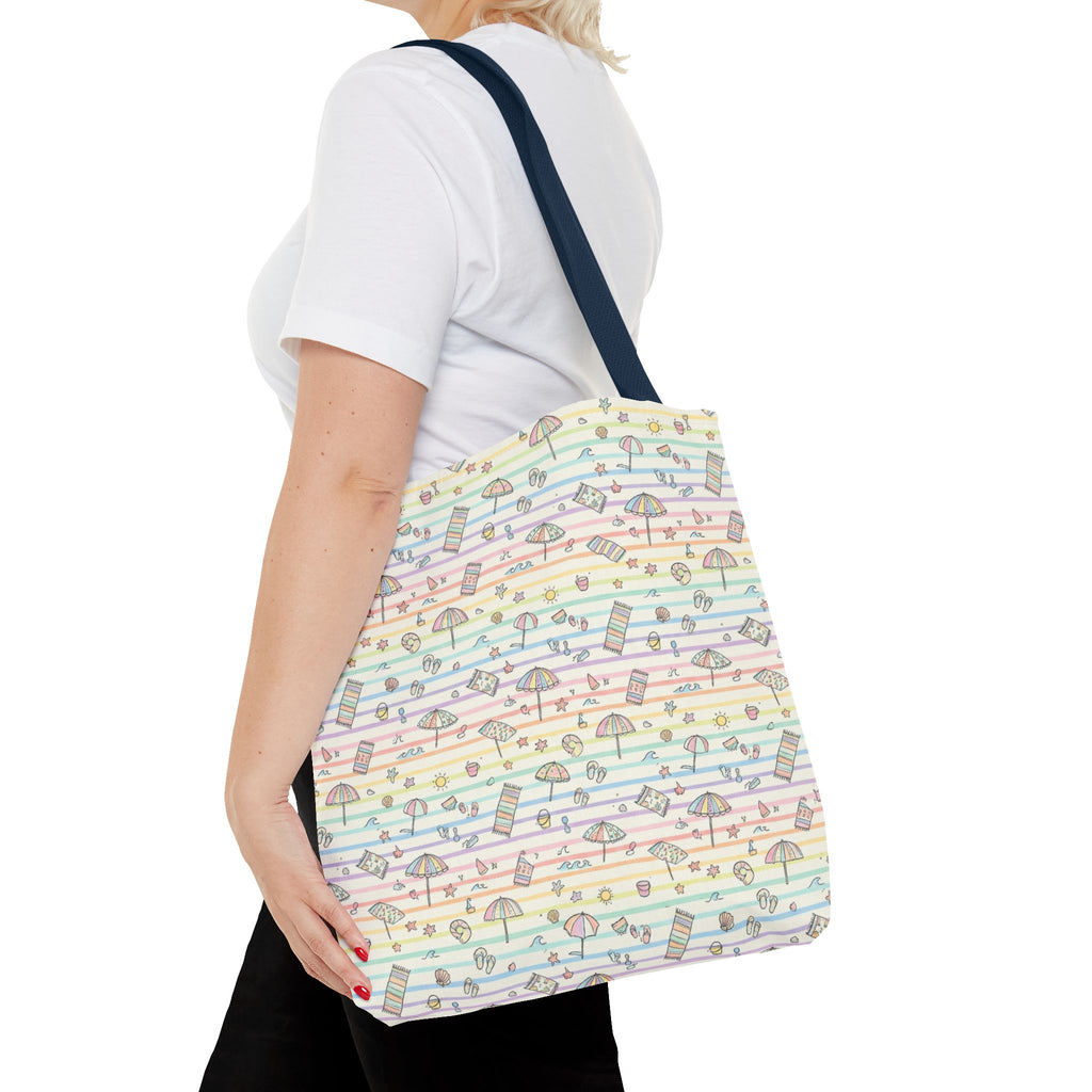 Pastel Beach Pattern Tote Bag | Seashells, Umbrellas, Flip Flops
