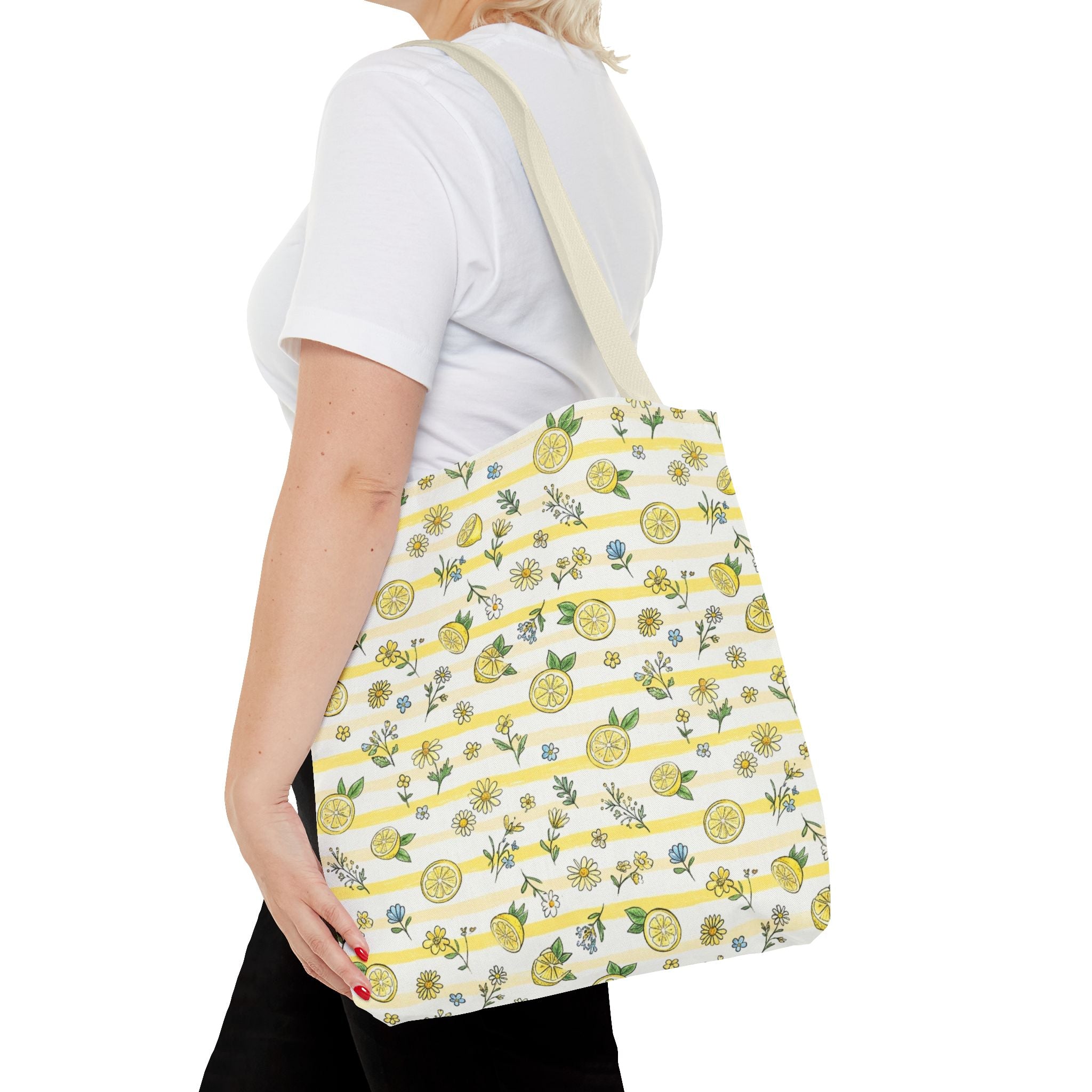 Lemon Stripe Pattern Tote Bag | Citrus Floral All-Over Print