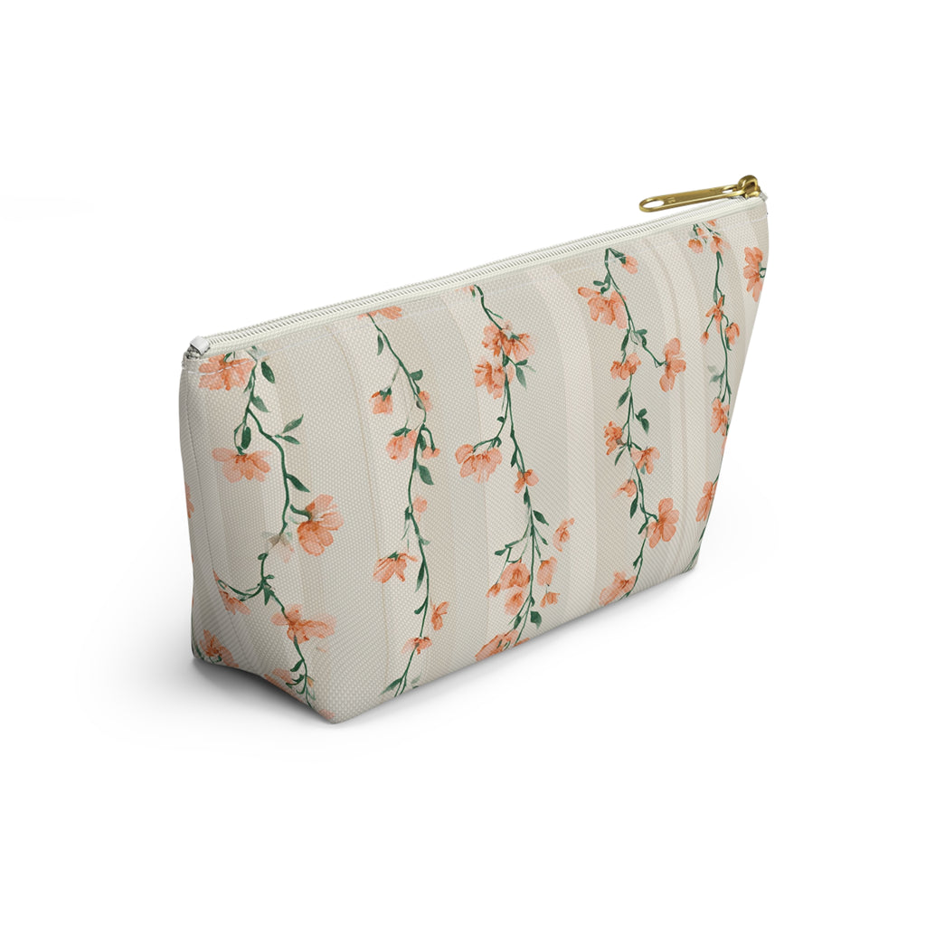 Peach Floral Vines Accessory Pouch | T-Bottom Makeup Bag