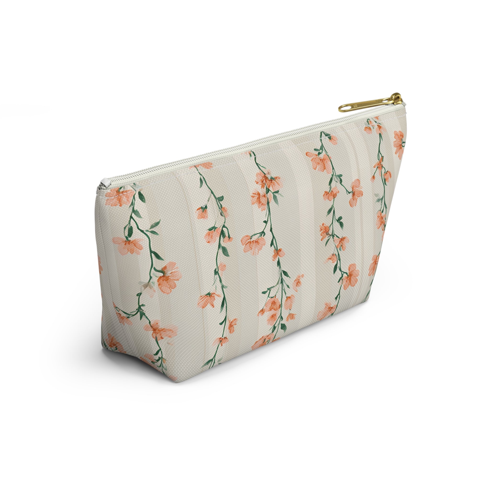 Peach Floral Vines Accessory Pouch | T-Bottom Makeup Bag