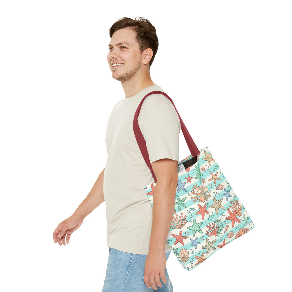 Starfish Coral Pattern Tote Bag | Beach Sea Life Striped Nautical Design